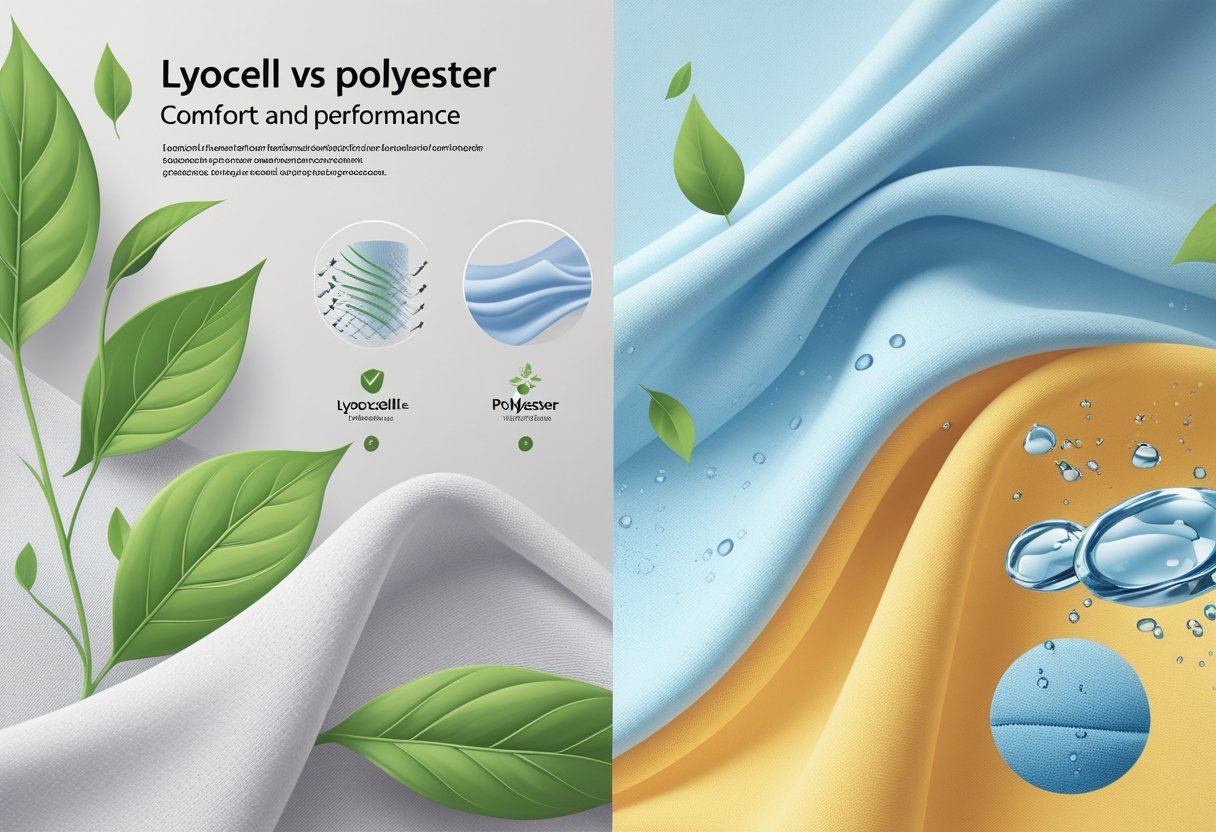 Eine Illustration, die einen Nebenseitigen Vergleich von Lyocell-Stoff mit Naturfasern und grünen Blättern auf der einen Seite und Polyestergewebe mit glatte synthetische Textur und Wassertröpfchen auf der anderen Seite zeigt.