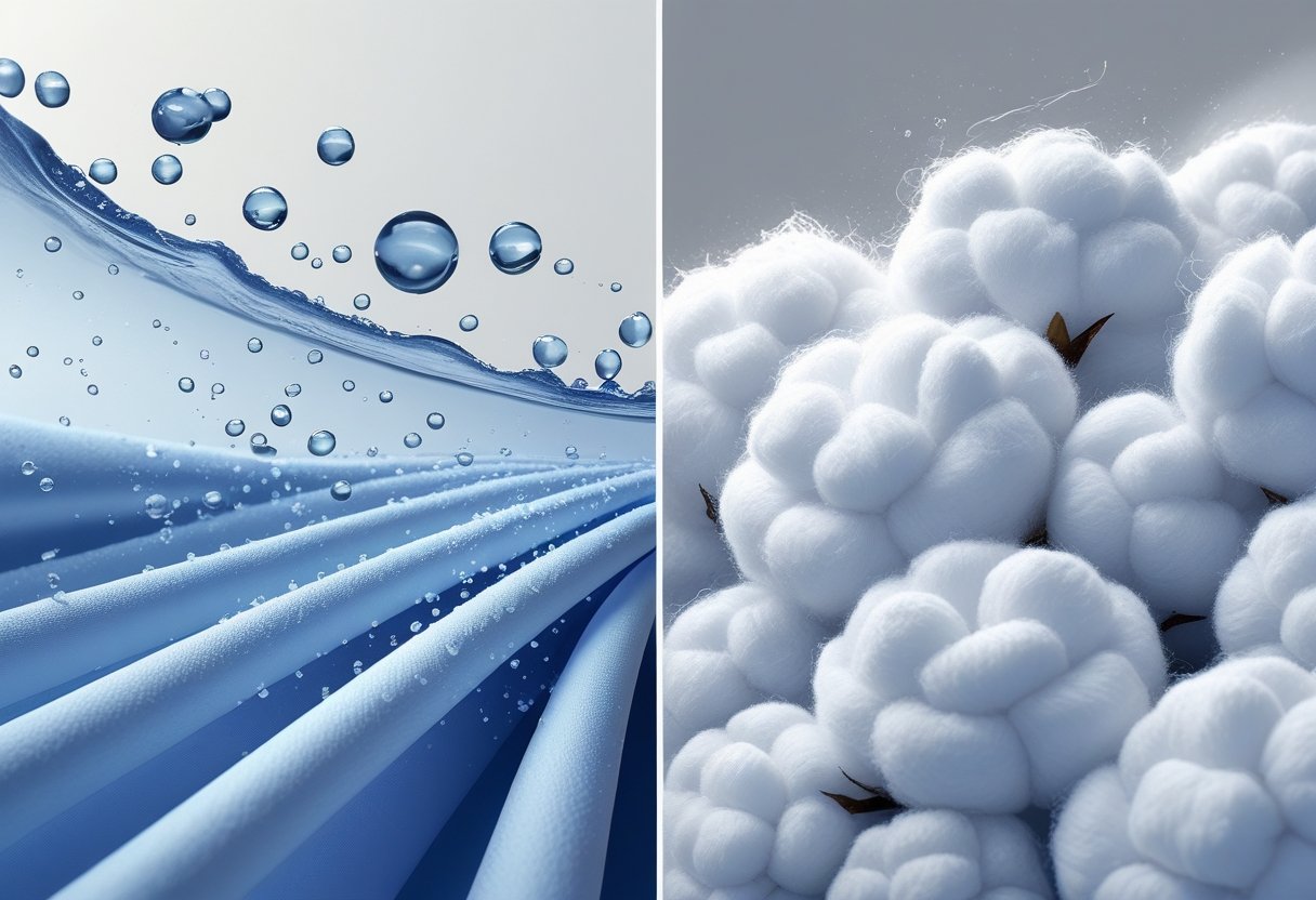 Ein detaillierter Vergleich von Lyocell- und Baumwollfasern, die Feuchtigkeitsdocht auf Lyocell mit Wassertröpfchen und Feuchtigkeitsabsorption auf Baumwoll mit Wassertröpfchen, die in den Fasern gehalten werden, zeigen.