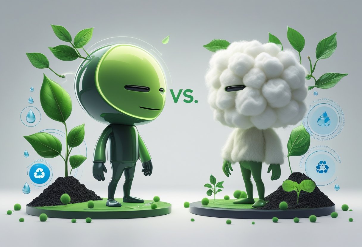 Zwei pflanzliche Charaktere, die Lyocell und Baumwoll darstellen, stehen sich mit Symbolen der Nachhaltigkeit um sie herum und zeigen einen Vergleich ihrer Umweltauswirkungen.