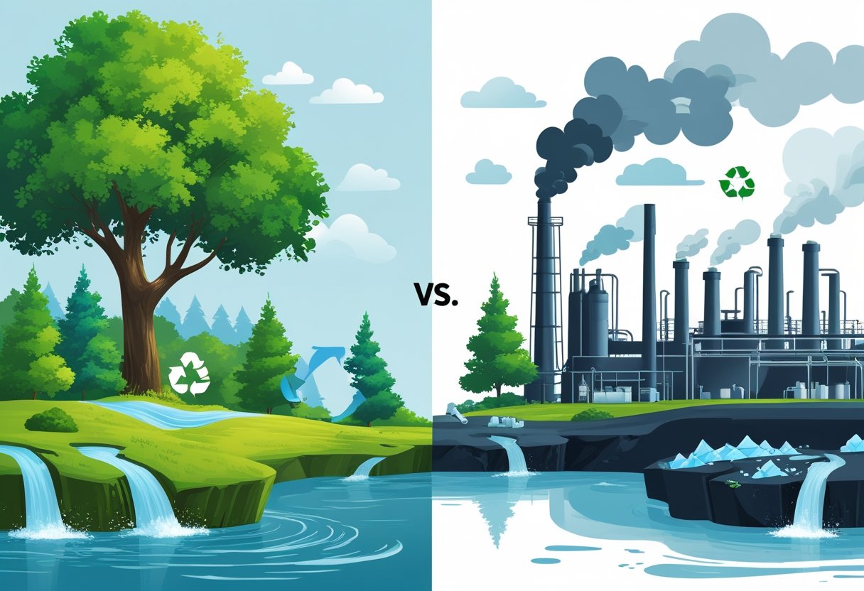 Eine geteilte Szene, die grüne Bäume und sauberes Wasser auf einer Seite zeigt, die Lyocell darstellt, und Fabrikrauch mit Plastikmüll auf der anderen Seite, die Polyester darstellt.