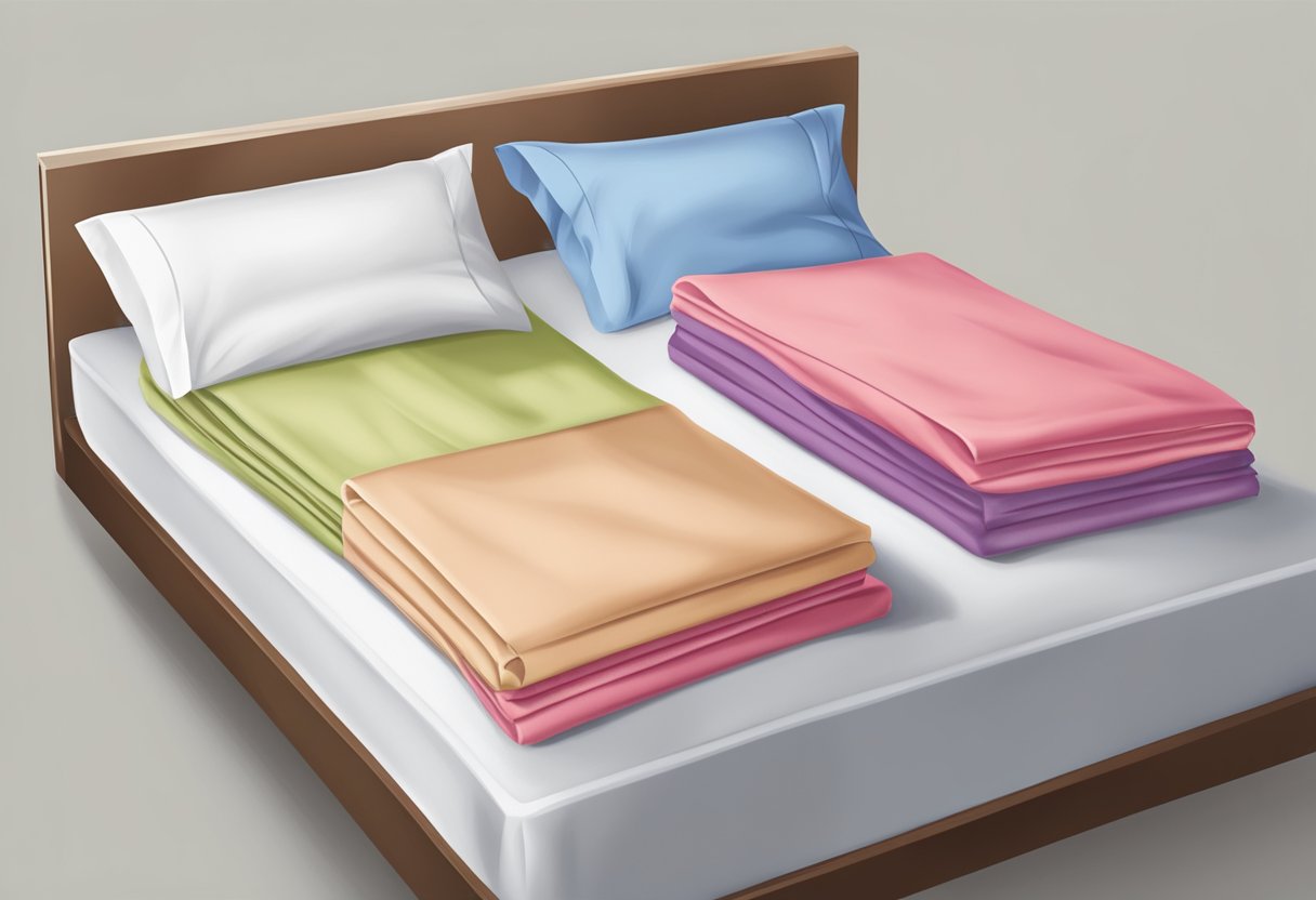 Ein Bett mit verschiedenen Größen von ordentlich gefalteten Bettblättern oben